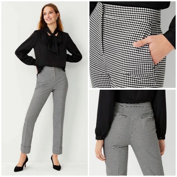 Ann Taylor 00P Petite High Waist Everyday Ankle Pant in Houndstooth Black White - Picture 1 of 5